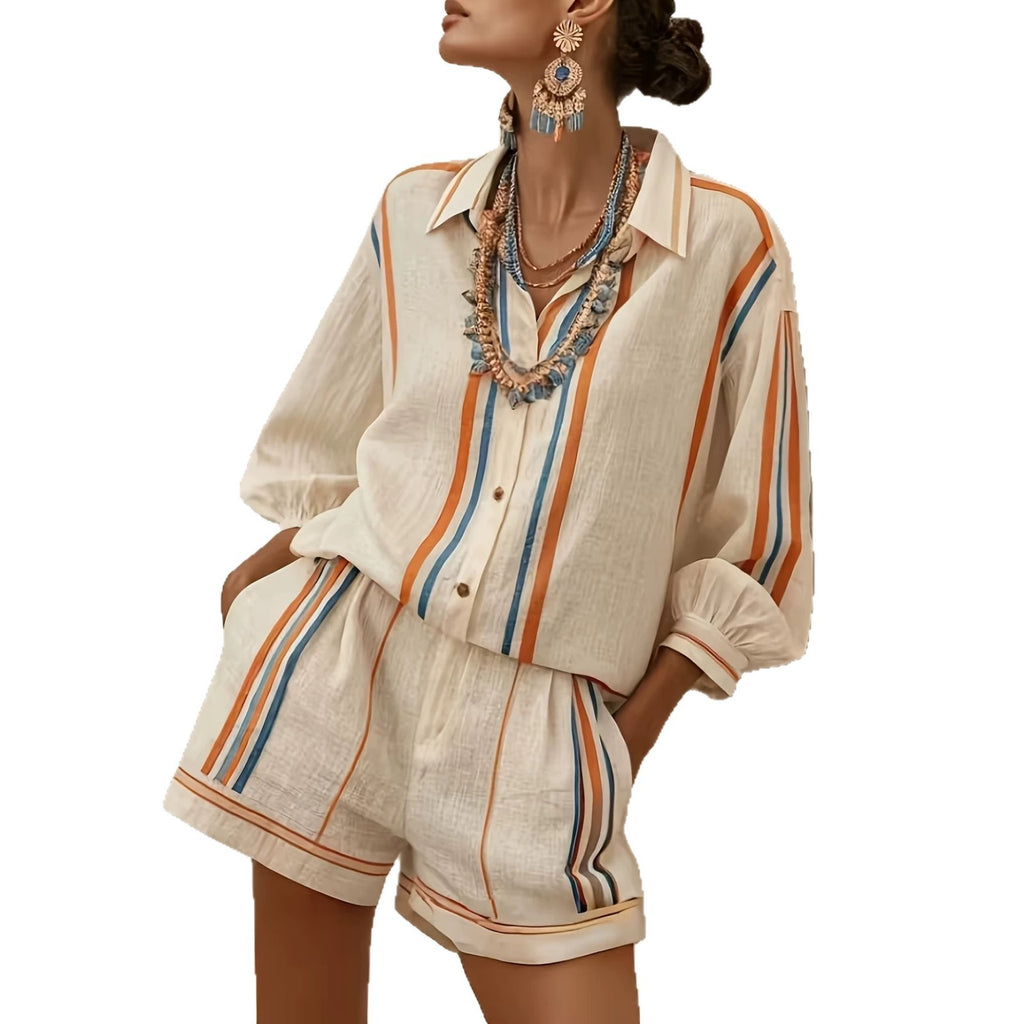 Colour-Block Short-Sleeve Shirt & Shorts Two-Piece Set