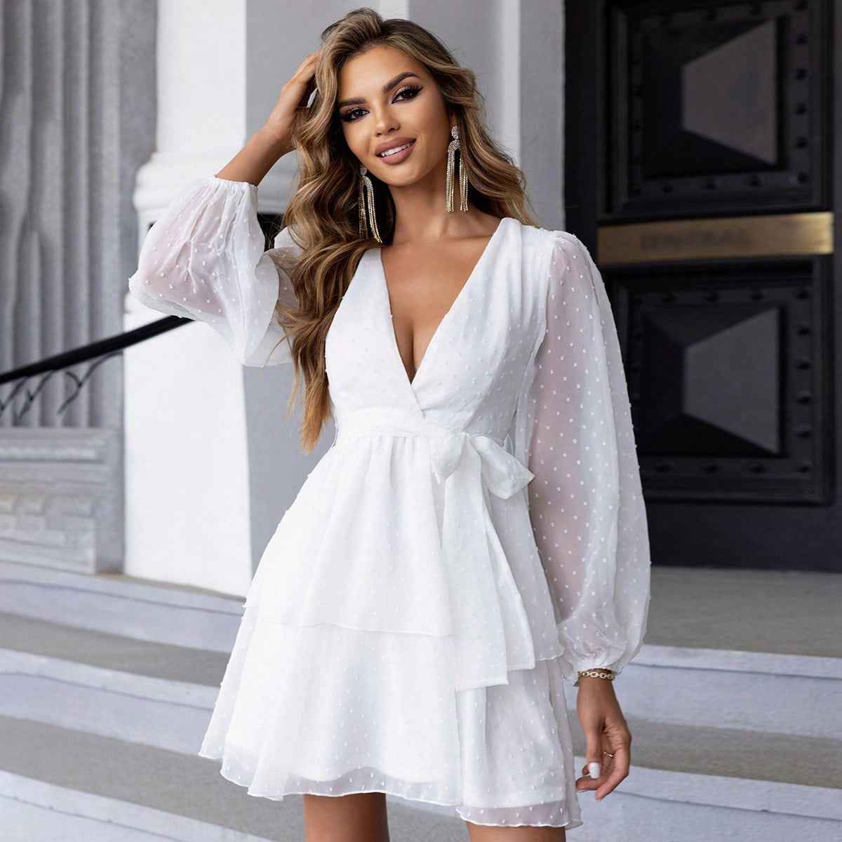 Women's Polka Dot Mesh A-Line Midi Dress — Lantern Sleeves & Elegant Fit