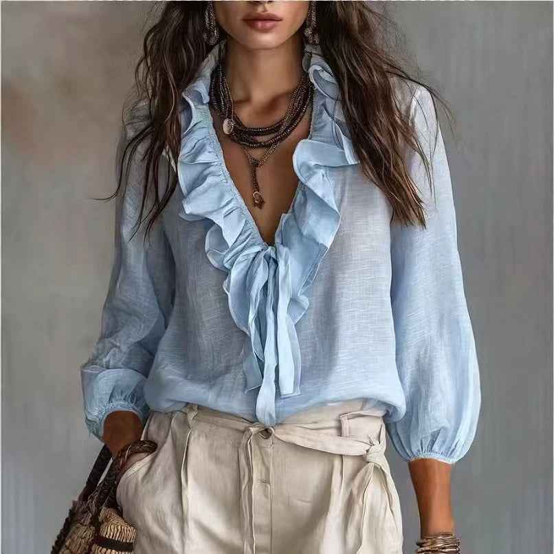 Women's Ruffle-Trim V-Neck Lace-Up Blouse with Flared Sleeves — 3 Colours