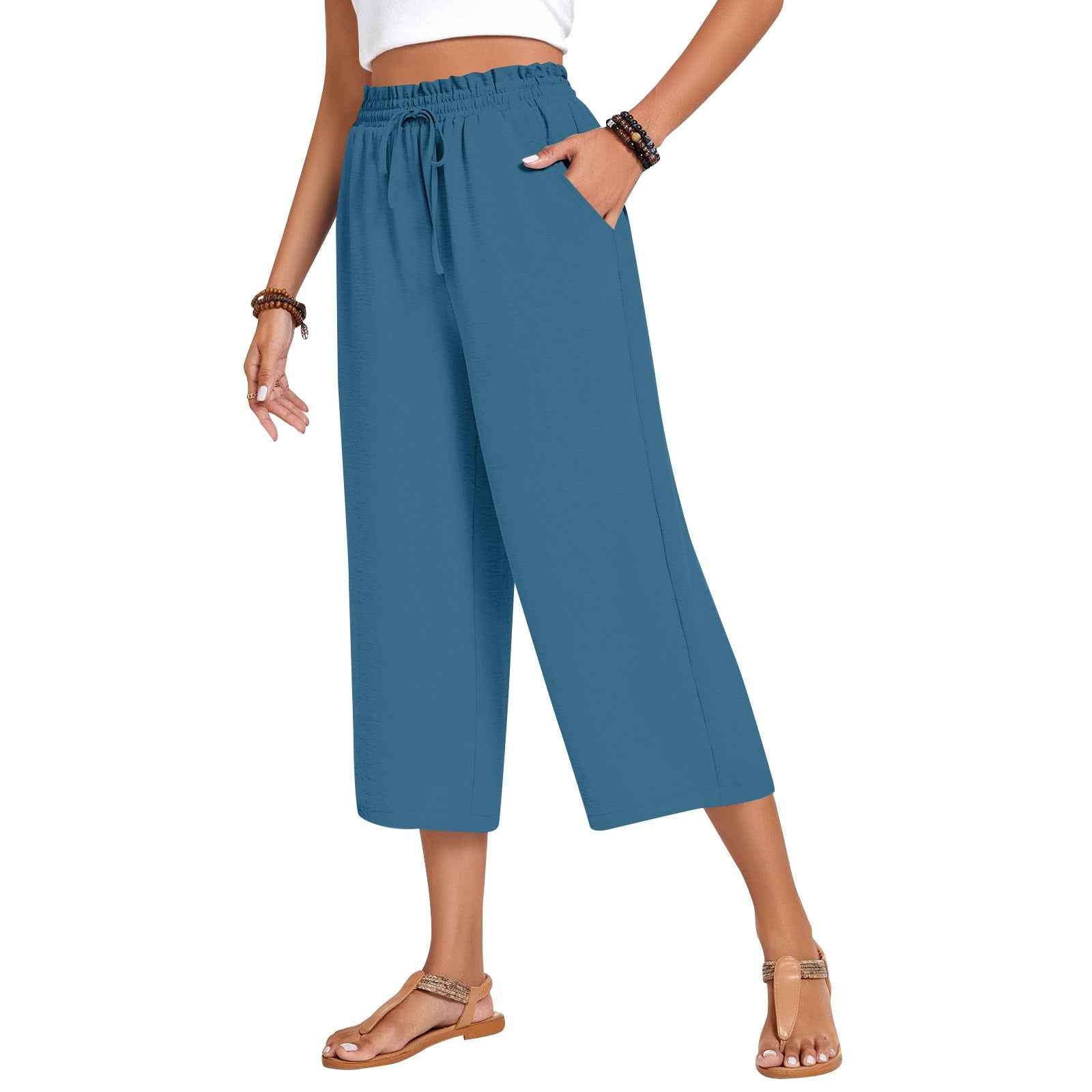Women's Wide-Leg Cropped Pants – Elastic Waist, Cotton Linen