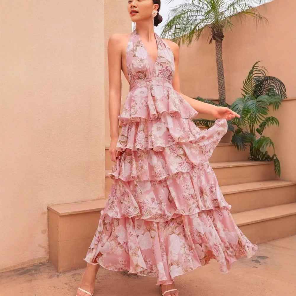 Womens V-neck Strap Multi-layer Printed Dress