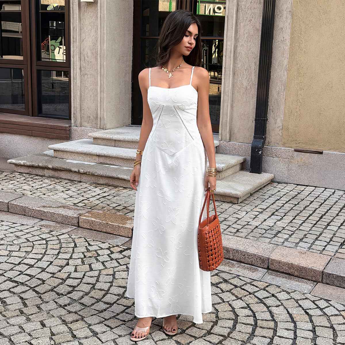 Jacquard A-Line Dress with High Waist & Adjustable Straps