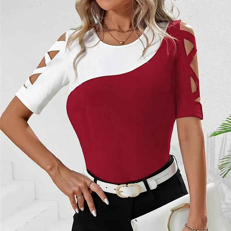 Contrast Patchwork Hollow-Out Slim Top — 4 Colourways, 0XL–6XL