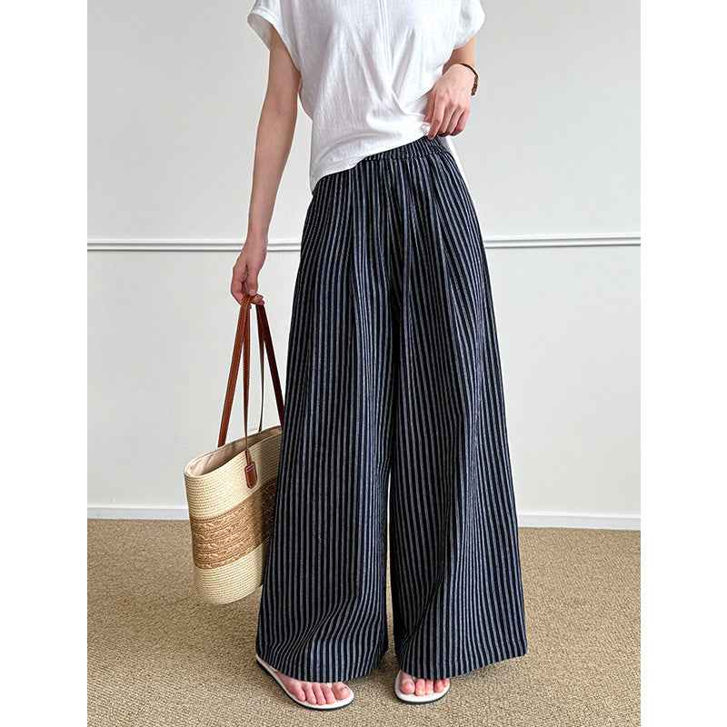 Simple Vertical-striped Casual Pants For Women Relaxed And Loose-fitting