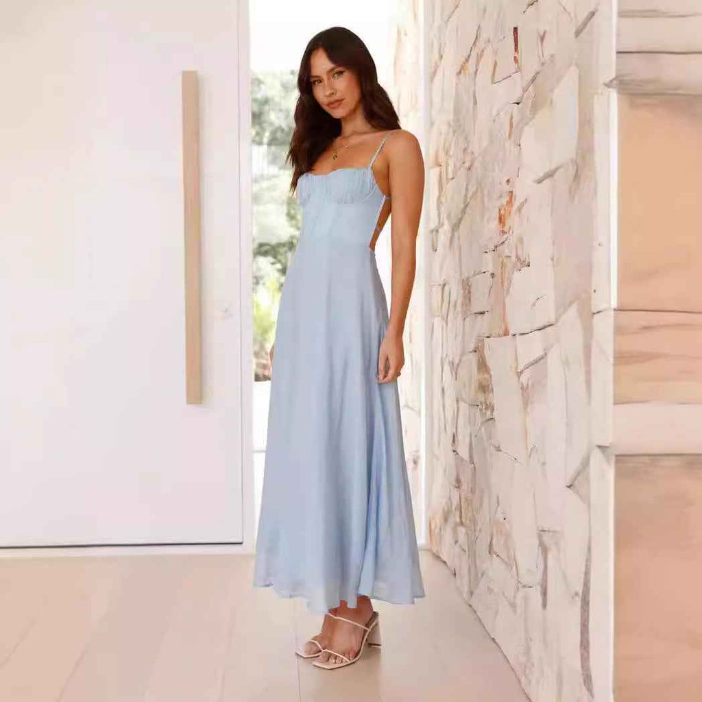 Strap-printed Backless Dress With A Slit At The Hem