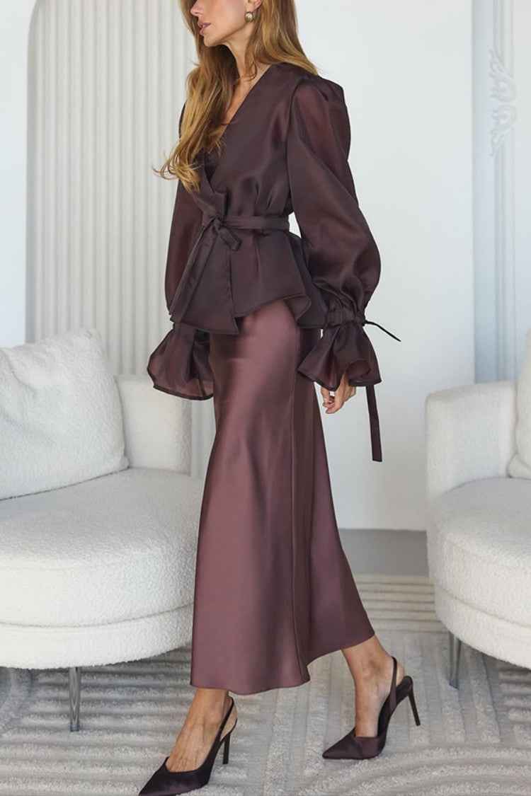 Womens Casual Lace-Up Shirt And Satin Dress Set