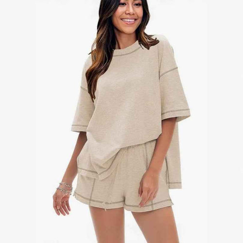 Color-Block Three-Quarter Sleeve Top & Shorts Set