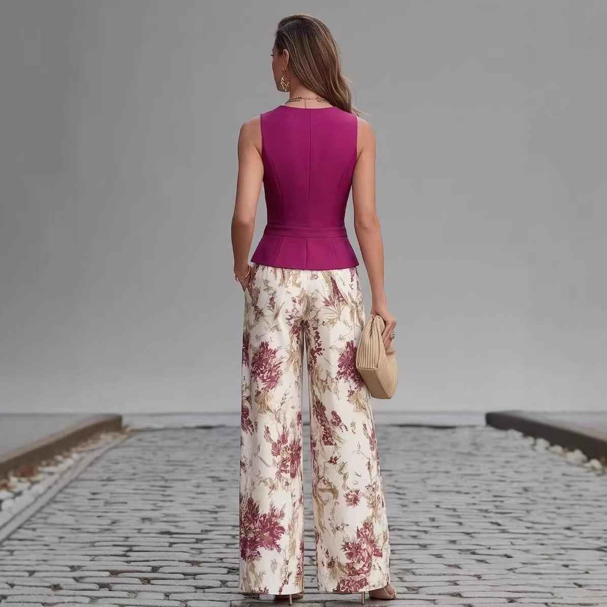 Women's Printed Buttoned Vest & Wide-Leg Pants Set — XS–2XL