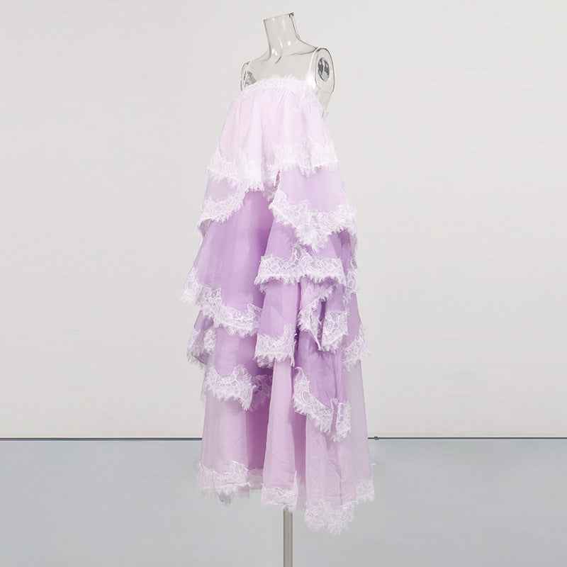 Lace Tiered Ruffle Spaghetti Strap Asymmetric Maxi Slip Dress