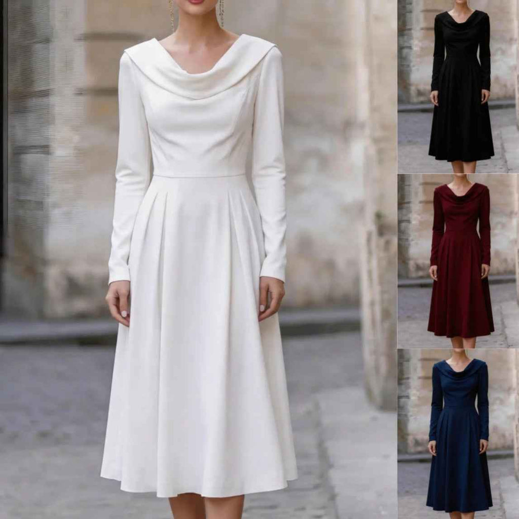 Elegant Boat-neck Satin Long-sleeve Waist-cinched Midi Evening Gown