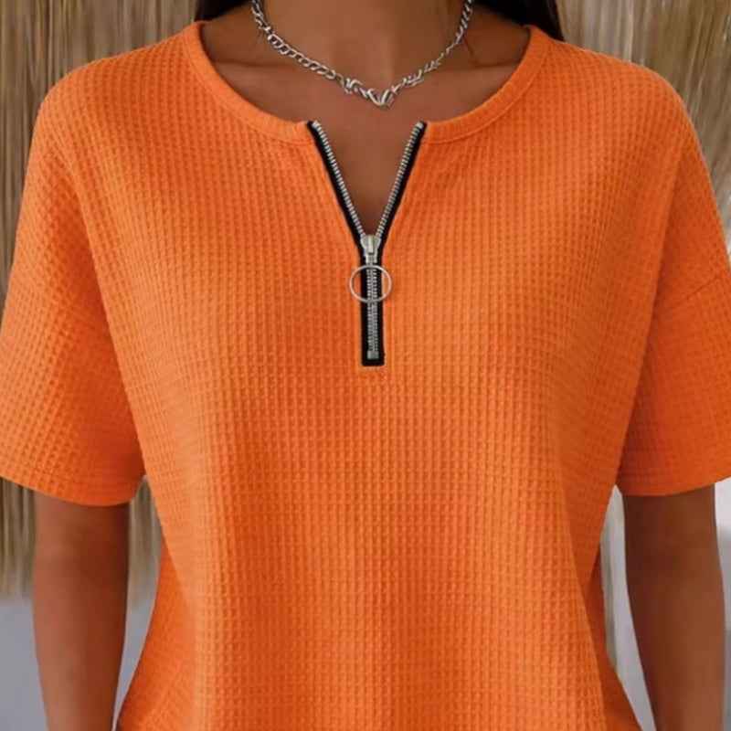 Women's Half-Zip Waffle-Knit Top – Short Sleeve, Regular Fit
