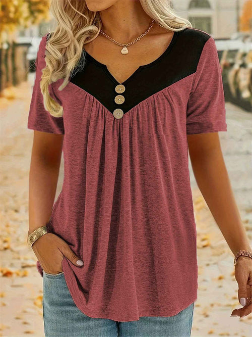 Womens Solid-color Short-sleeve Top With Button Detailing