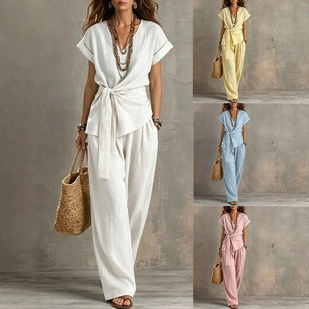 Women's 3/4 Sleeve Cotton-Blend Top & Long Pants Co-Ord Set — 4 Colours