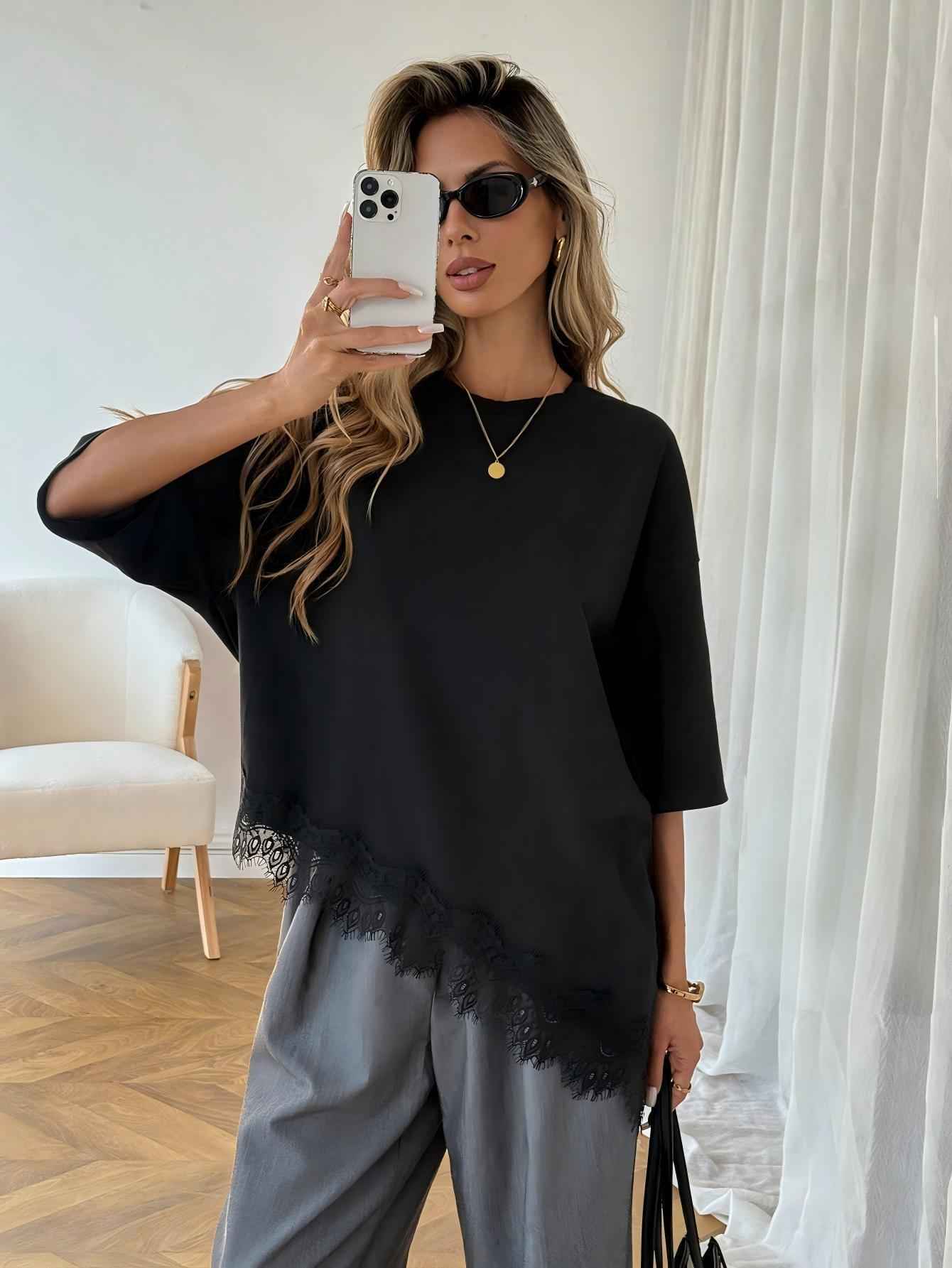 Lace-Trim Top — Slanted Hem, 3/4 Sleeve Minimalist Style