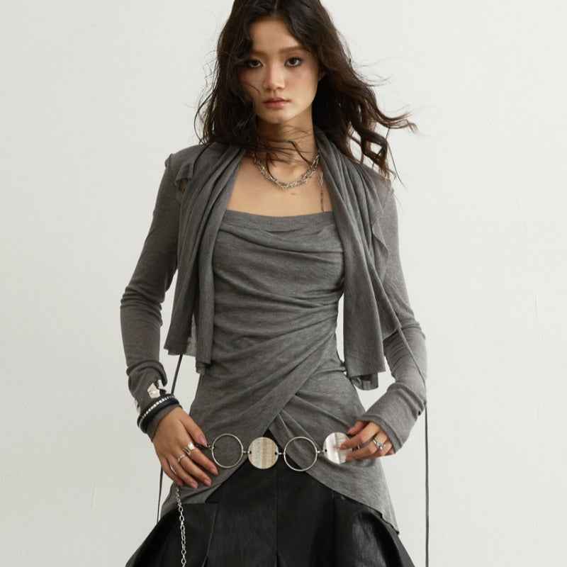 Women’s Pleated Long-Sleeve Blouse – Sculptural Drape Top in Grey | S–L