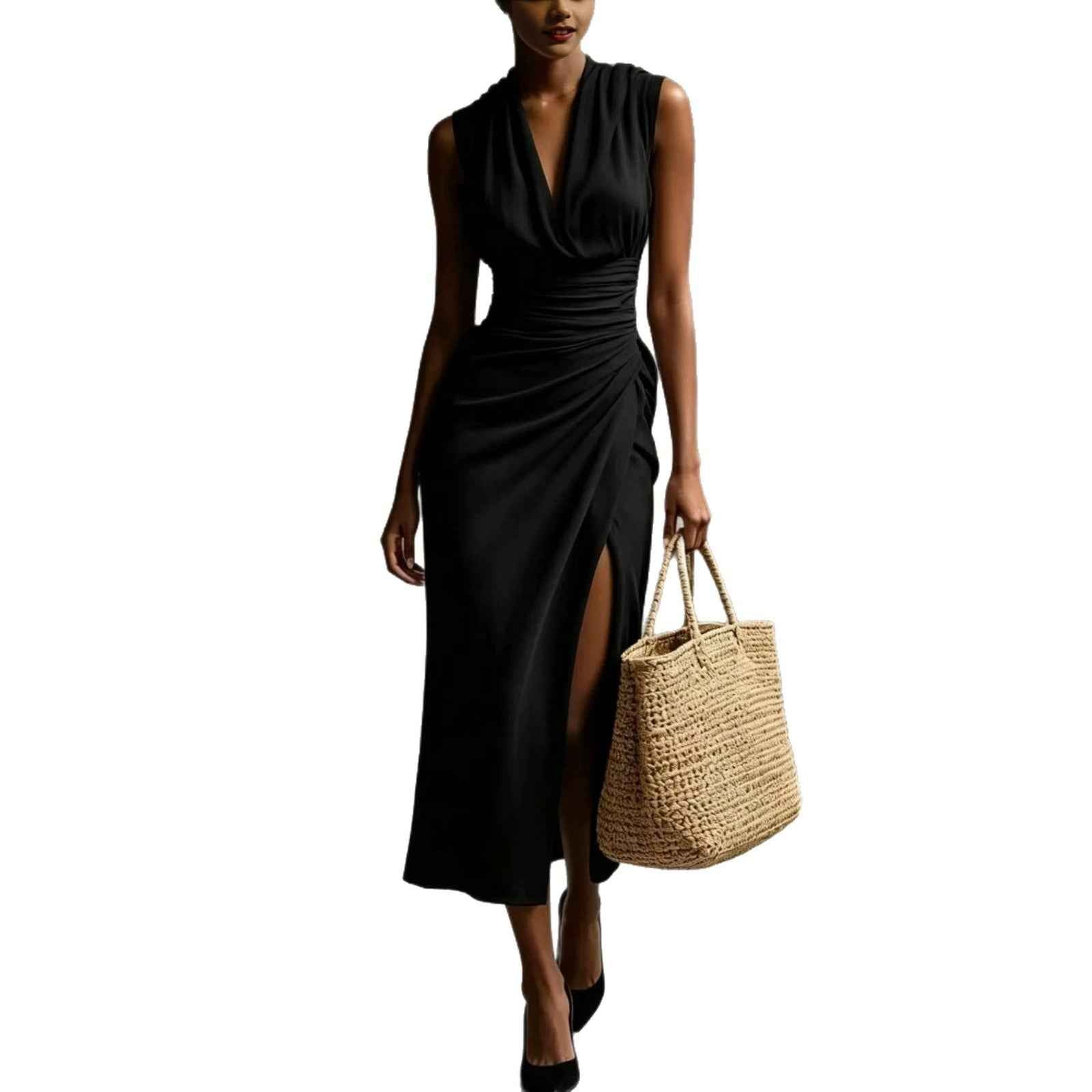 Sleeveless High-Waist Pleated Ruched Backless Slit Cotton-Linen Maxi Dress