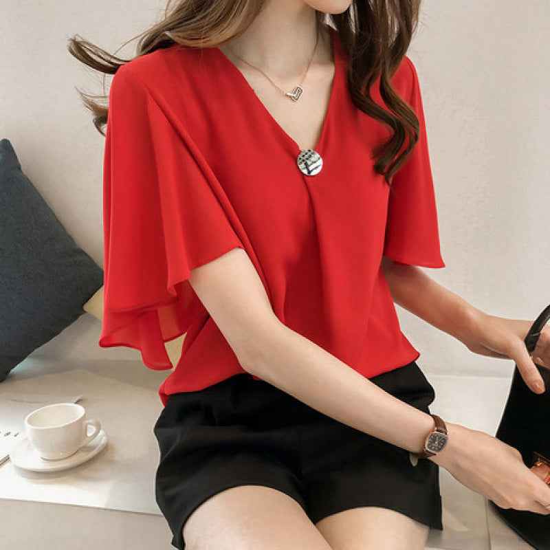 Belly-covering Chiffon Blouse For Women Summer Short Sleeves