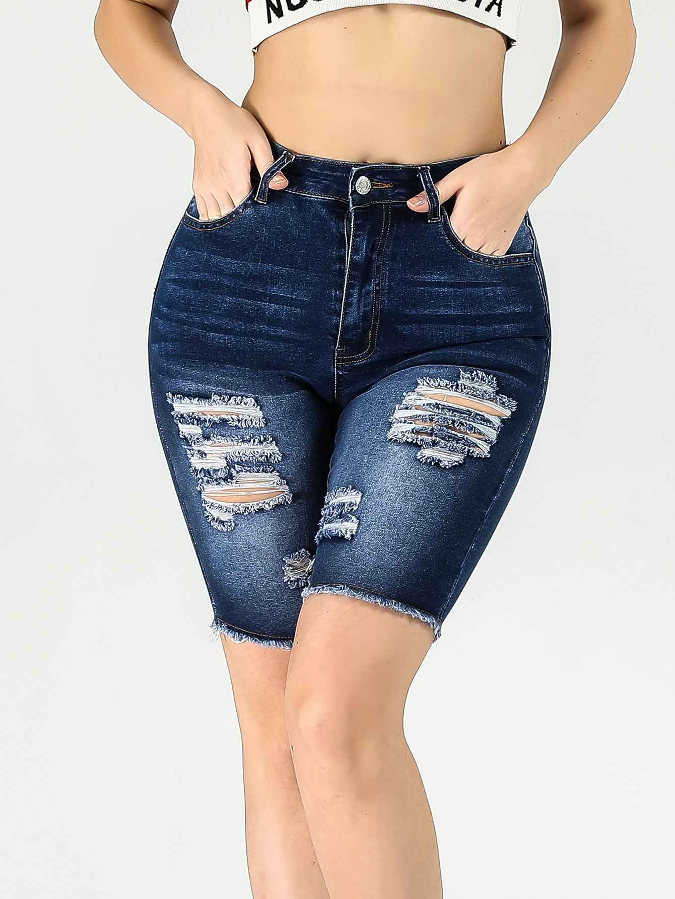 High-Waisted Skinny Denim Shorts – Distressed Wash