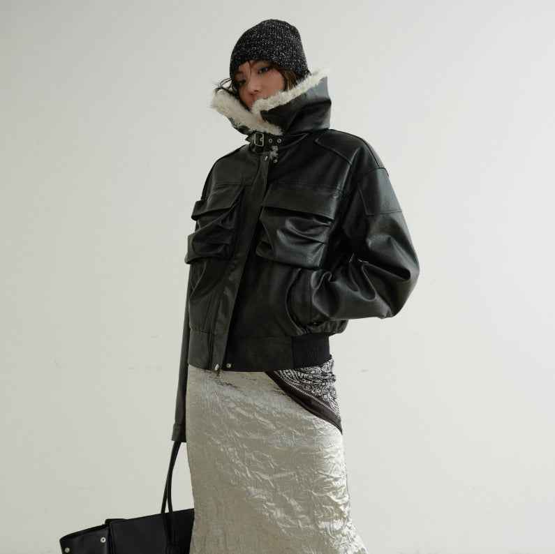 Color-Block PU Leather Jacket – Fur Collar, Turtleneck, Loose Fit