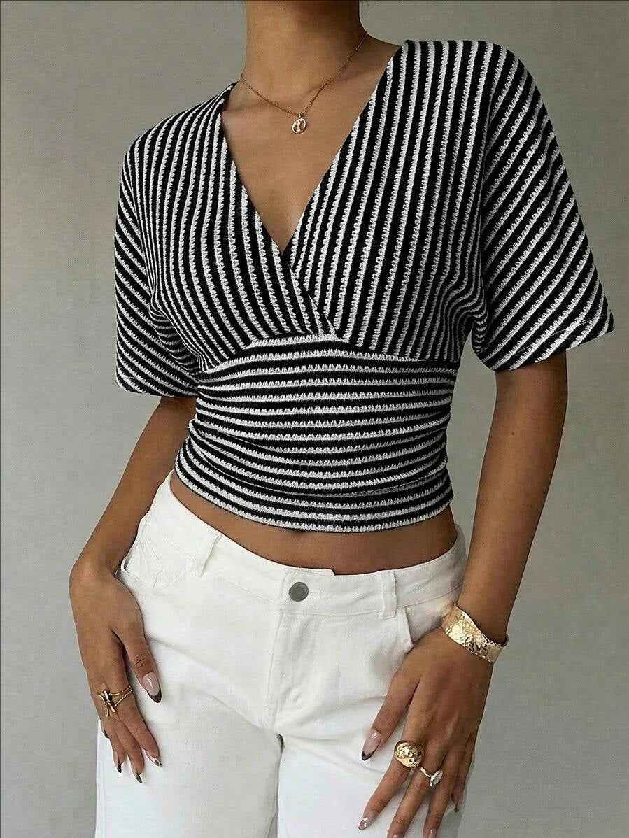 V-neck Knitted Fashion Casual Womens Striped