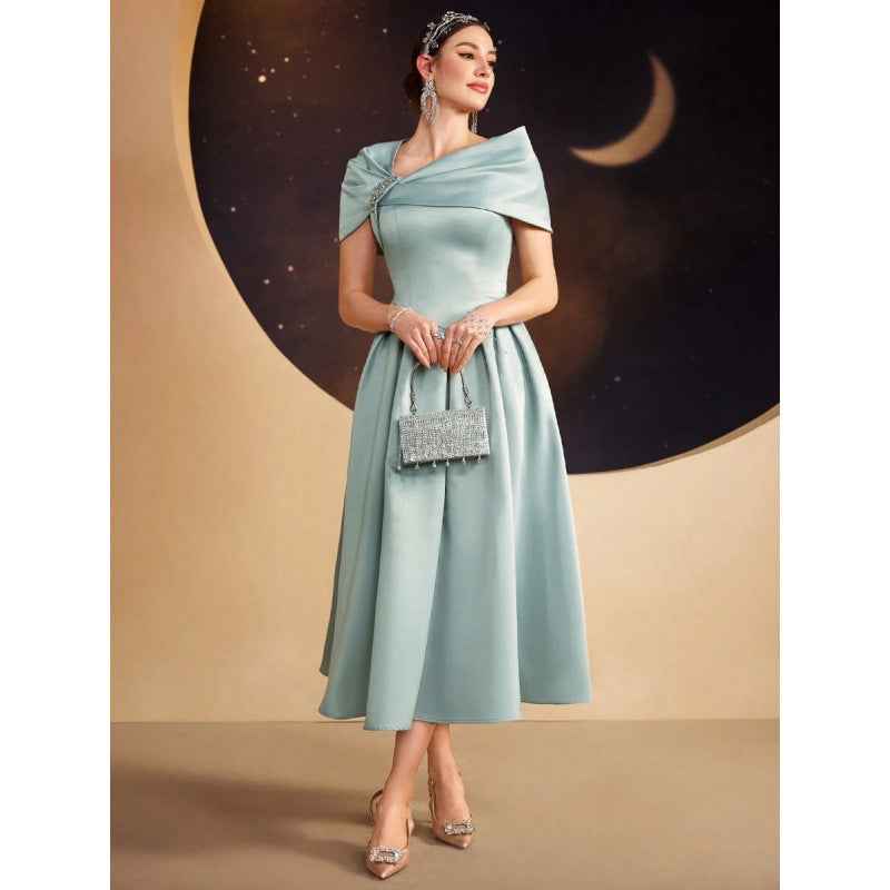 Asymmetric Diamond-Embellished Short-Sleeve Dress — Slim Fit, Elegant