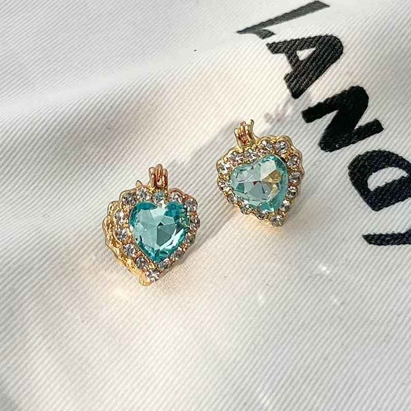 French Light Luxury High-End Blue Zircon Double-sided Heart Huggie Earrings, Personalized Exquisite Super Sparkly Hoop Jewelry For Women