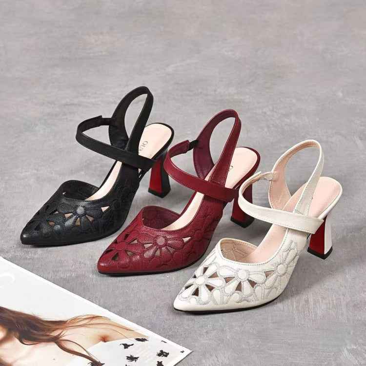 Women's Pointed-Toe Heeled Sandals — Back-Cutout Soft Leather