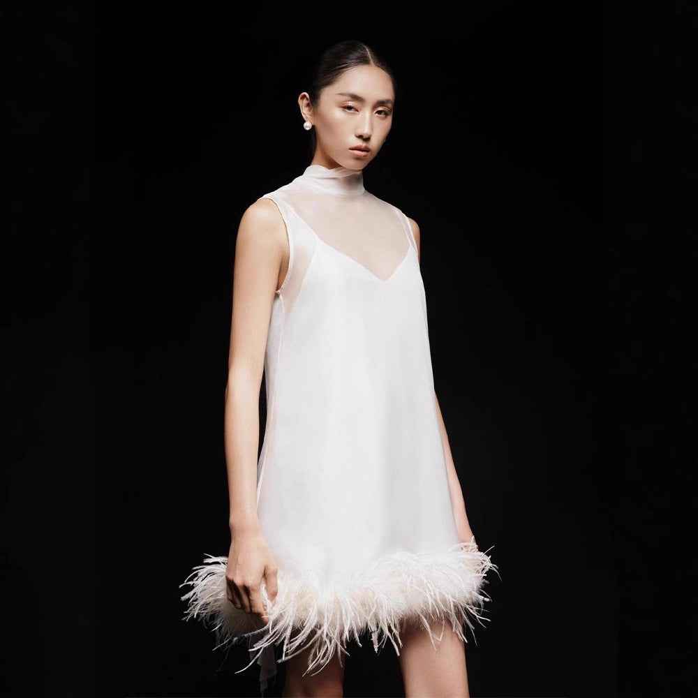 Solid-color Crew-neck Short Dress With Feather Detailing For A Luxe Look