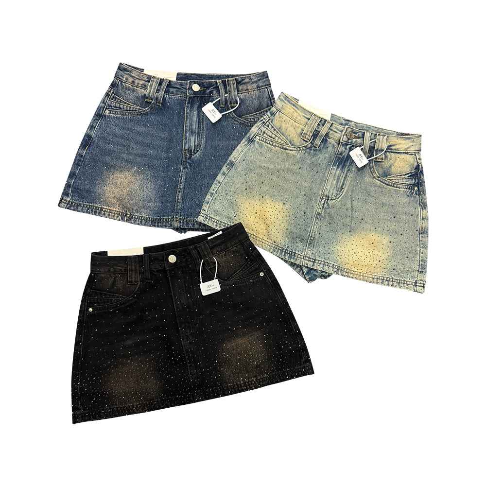 High-Waisted Rhinestone Denim Skort – Sparkly A-Line Mini with Built-in Shorts