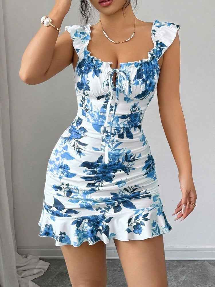 Floral Print Sleeveless Mini Dress – Slim Fit for Women
