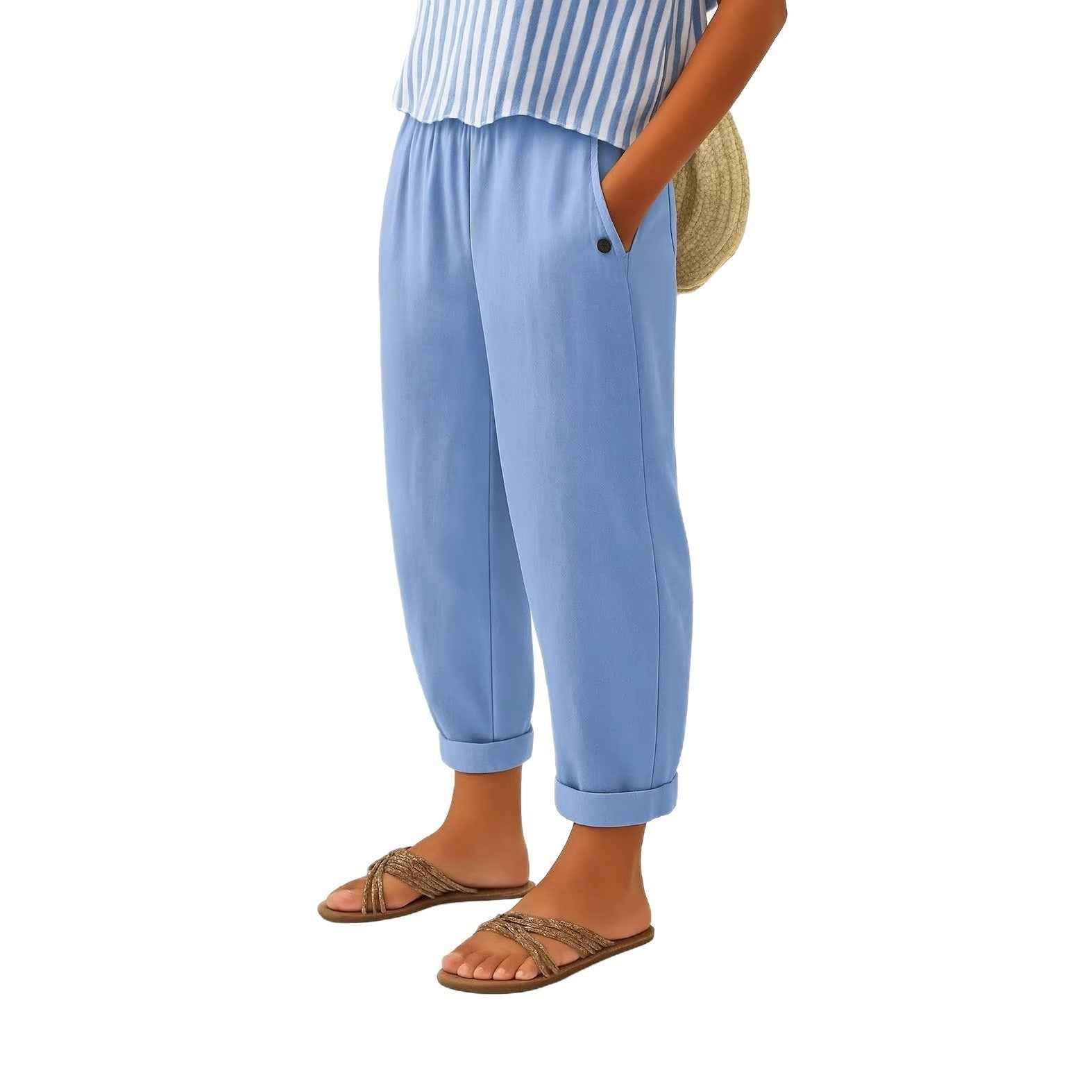 Women's Digital Print Straight-Leg Trousers – Slub Linen Look, Mid-Rise