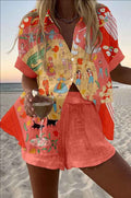 Women's Fashion Printed Casual Vacation Style Cardigan Shorts Suit