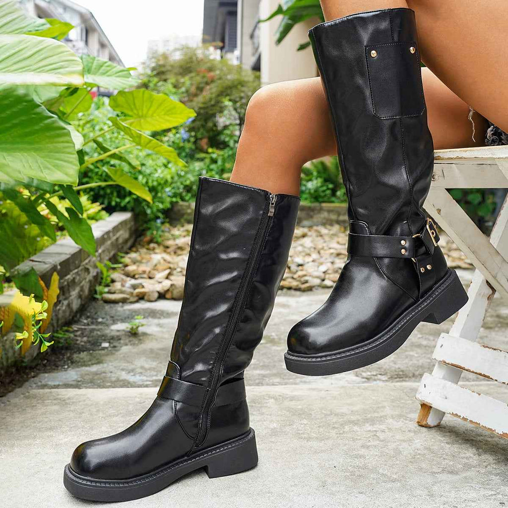 Chunky Heel High-Top Boots — Belt Buckle, Side Zip, British Style