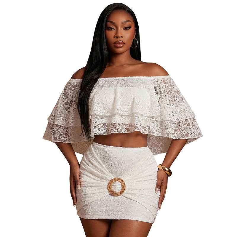 Off-Shoulder Lace Floral Crop Top & Sheath Skirt Set – Women’s Two-Piece