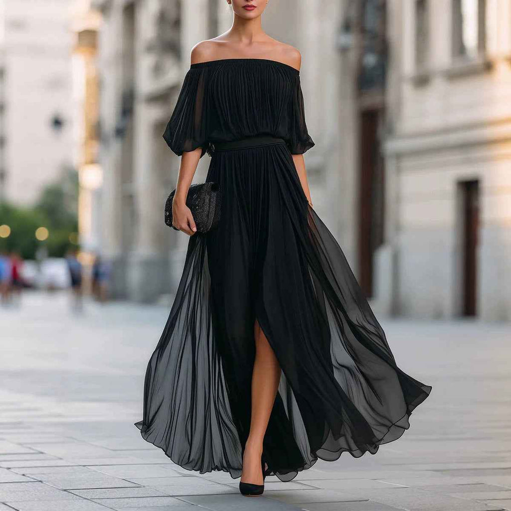 Off-Shoulder Pleated Chiffon Midi Dress — Short Sleeve Slim-Fit