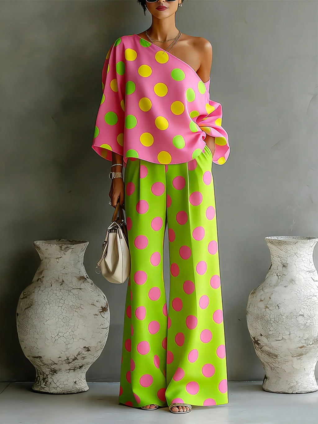 Polka-Dot Print Off-Shoulder Top & Full-Length Pants Set