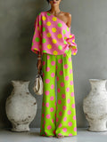 Polka-Dot Print Off-Shoulder Top & Full-Length Pants Set