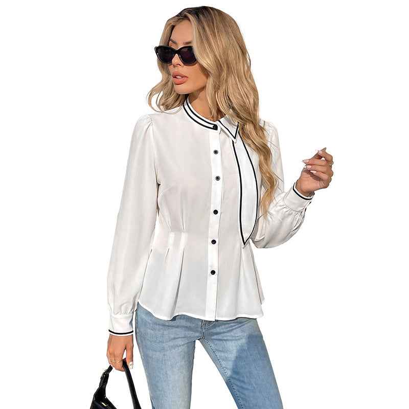 White Shirt With A Fluttering Collar And Contrasting Trim
