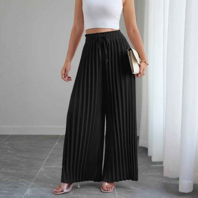Pleated Wide-Leg Pants — Elastic Waist, Drawstring, 4 Colours, S–XXL