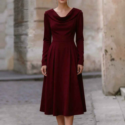 Elegant Boat-neck Satin Long-sleeve Waist-cinched Midi Evening Gown