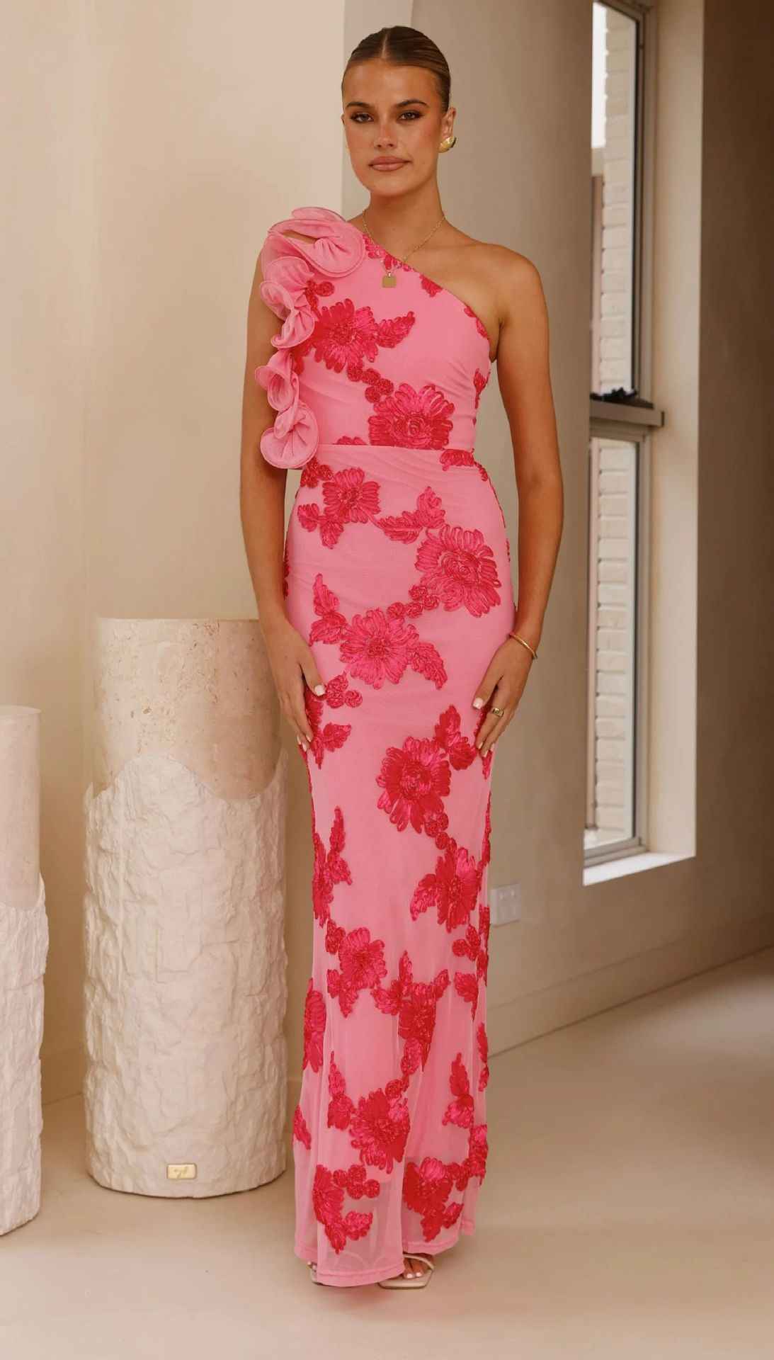 3D Floral Backless Maxi Dress
