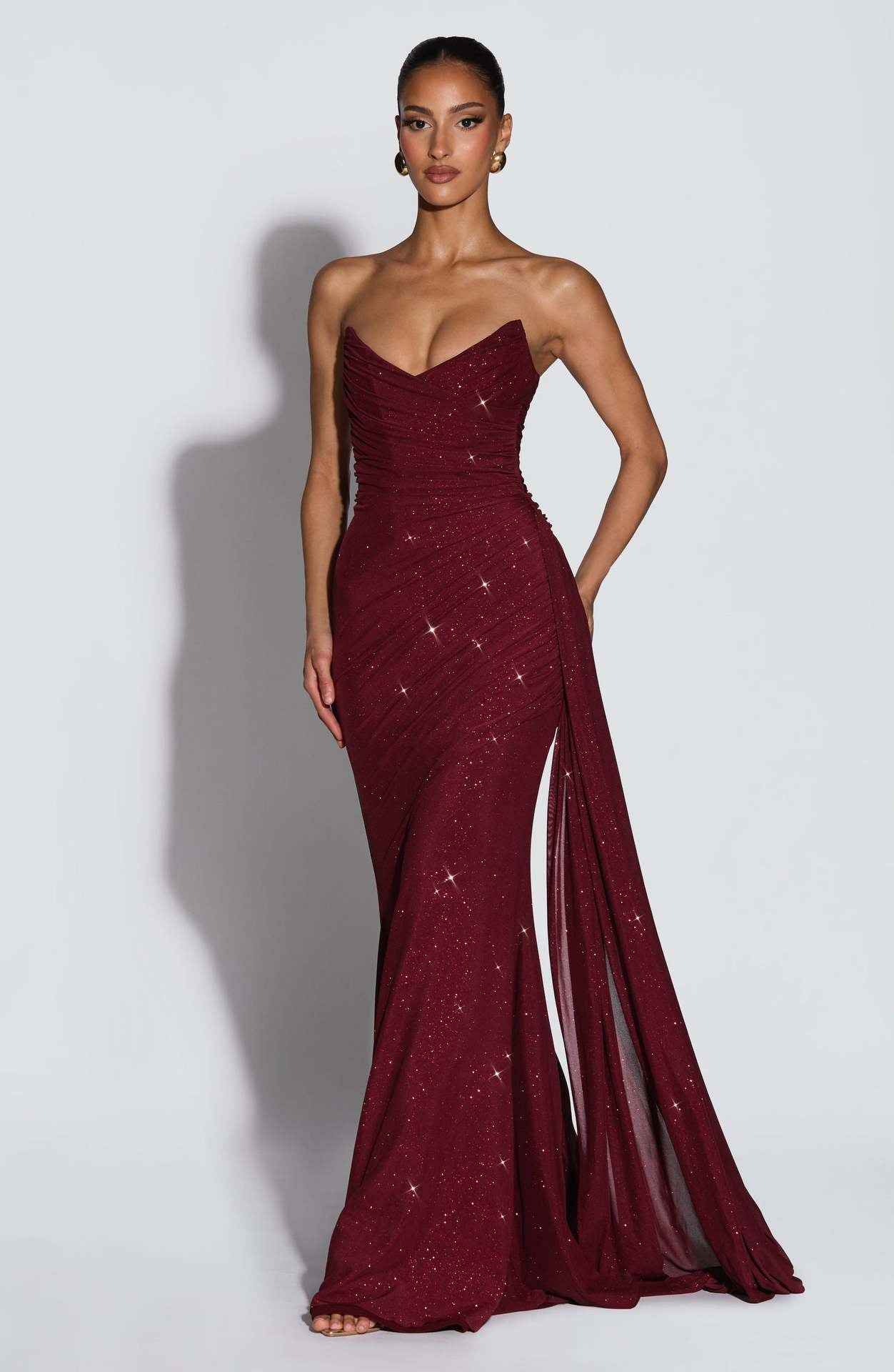 Strapless Crisscross Waist-Cinching Maxi Evening Gown