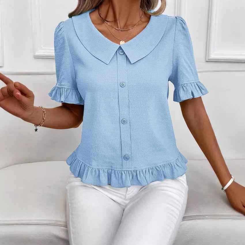 Petal-Sleeve Slant-Shoulder Top — 6 Colours