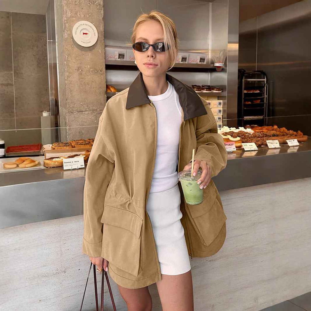 Commuter-style Retro Color-block Mid-length Trench Coat