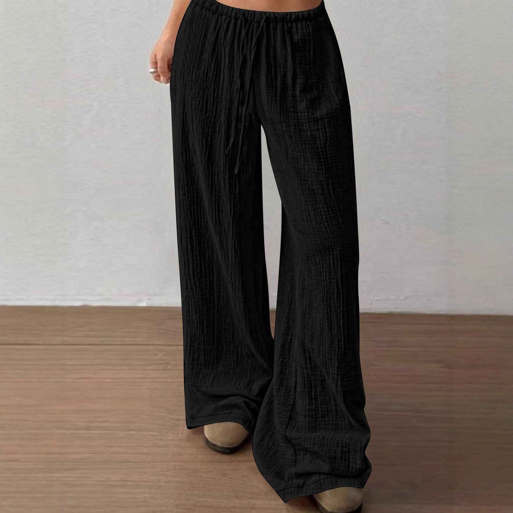 Cropped Wide-Leg Pants – Elastic Waist, Drawstring, Loose Fit