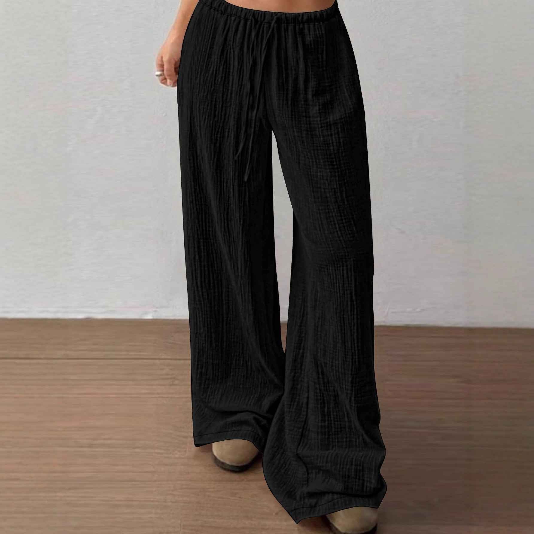 Cropped Wide-Leg Pants – Elastic Waist, Drawstring, Loose Fit