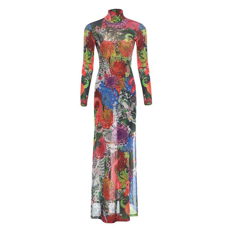 Womens Fashion Printed Long-sleeve Mock-neck High-slit Dress