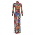 Womens Fashion Printed Long-sleeve Mock-neck High-slit Dress