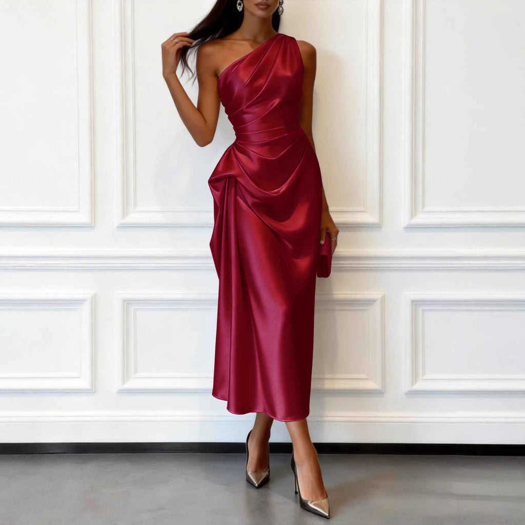 High-elastic Satin Sleeveless Off-shoulder Mid-length Waist-cinching Dress