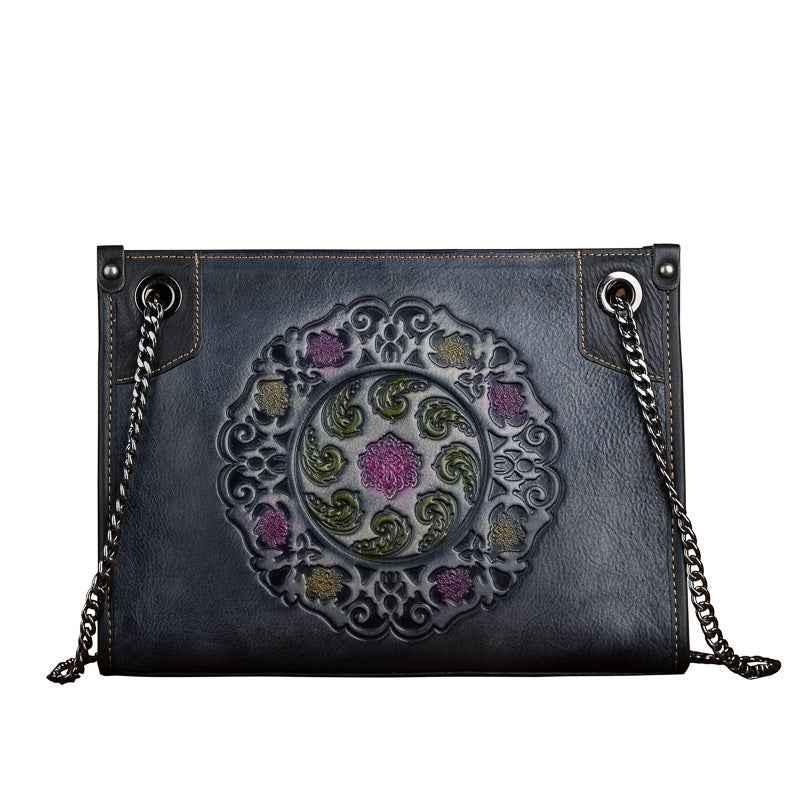Full-Grain Leather Tote Bag — Embossed Cowhide, Large Capacity